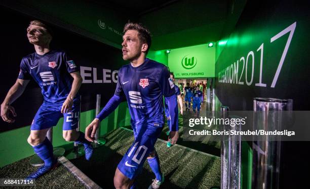 Players of Eintracht Braunschweig enter the pitch for the second half during the Bundesliga Playoff Leg 1 match between VfL Wolfsburg and Eintracht...