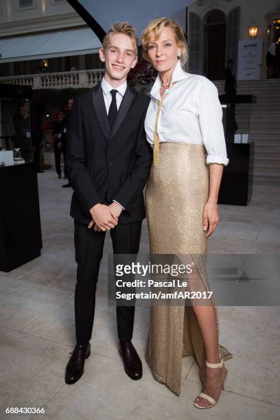 Uma Thurman and Levon Roan Thurman-Hawke attend the amfAR Gala Cannes 2017 at Hotel du Cap-Eden-Roc on May 25, 2017 in Cap d'Antibes, France.