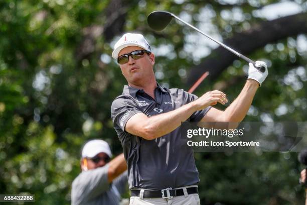 Zach Johnson hits his tee shot left on during the first round of the Dean & Deluca Invitational on May 25, 2017 at Colonial Country Club in Fort...
