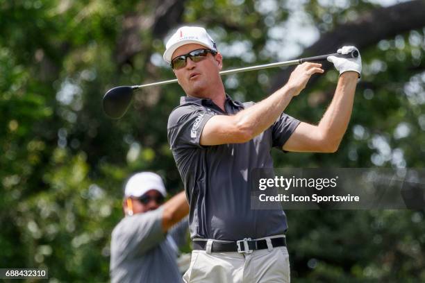 Zach Johnson hits his tee shot left on during the first round of the Dean & Deluca Invitational on May 25, 2017 at Colonial Country Club in Fort...