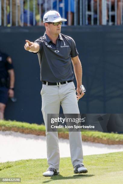 Zach Johnson reacts to his putt from just off the eighth green during the first round of the Dean & Deluca Invitational on May 25, 2017 at Colonial...