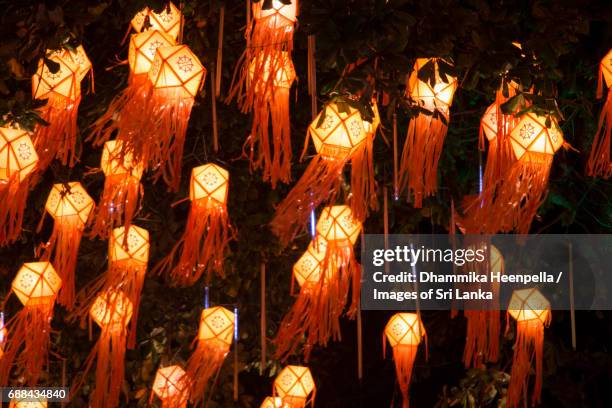 hanging vesak lanterns at night - buddha purnima stock pictures, royalty-free photos & images