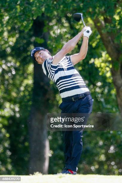 Ryan Moore plays his shot from the 12th tee during the first round of the Dean & Deluca Invitational on May 25, 2017 at Colonial Country Club in Fort...