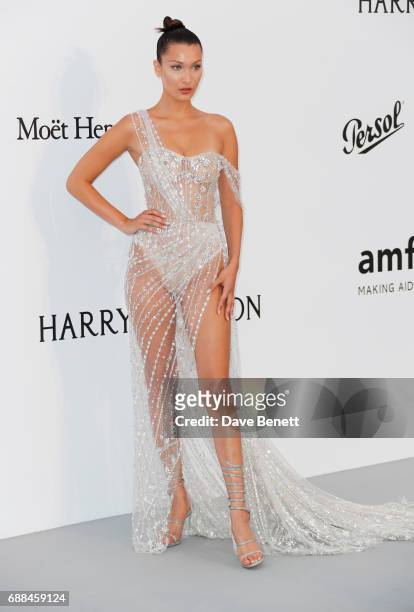 Bella Hadid arrives at the amfAR Gala Cannes 2017 at Hotel du Cap-Eden-Roc on May 25, 2017 in Cap d'Antibes, France.