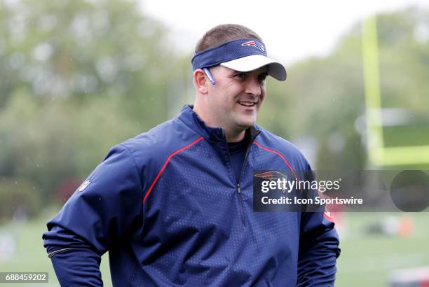 New England Patriots special teams coach Joe Judge during New England Patriots OTA on May 25 at the Patriots Practice Facility in Foxborough,...