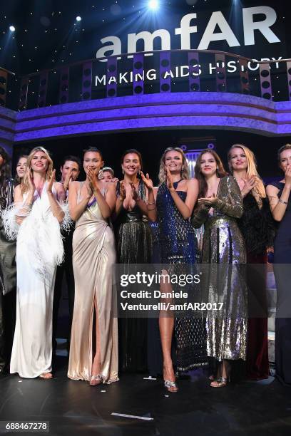 Maryna Linchuk, Bella Hadid, Irina Shayk, Natasha Poly, Barbara Palvin and Daphne Groeneveld are seen on stage at the amfAR Gala Cannes 2017 at Hotel...