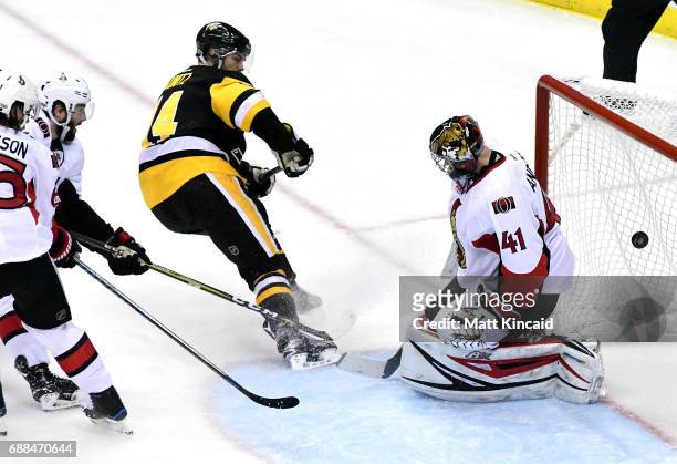 Chris Kunitz of the Pittsburgh Penguins scores a goal against Craig Anderson of the Ottawa Senators during the second period in Game Seven of the...
