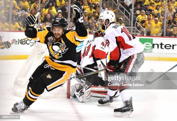 Chris Kunitz of the Pittsburgh Penguins celebrates after scoring a goal against Craig Anderson of the Ottawa Senators during the second period in...