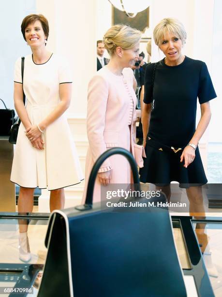 Mrs Amelie Derbaudrenghien , Mrs Mojca Stropnik and French First Lady Mrs Brigitte Macron are pictured during the visit of the partners of the heads...