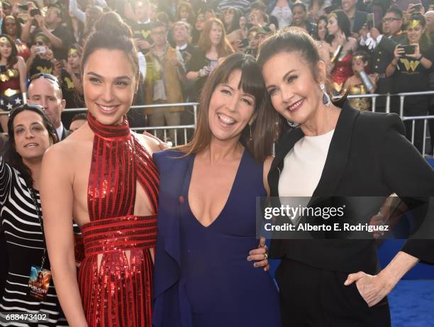Actor Gal Gadot, director Patty Jenkins and actor Lynda Carter attend the premiere of Warner Bros. Pictures' "Wonder Woman" at the Pantages Theatre...