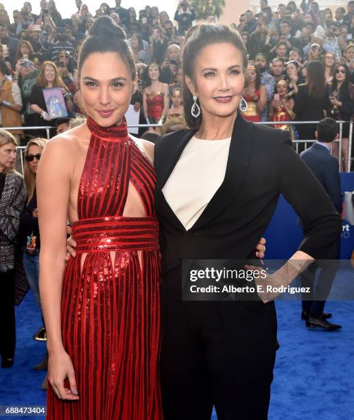 Actors Gal Gadot and Lynda Carter attend the premiere of Warner Bros. Pictures' "Wonder Woman" at the Pantages Theatre on May 25, 2017 in Hollywood,...