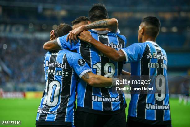 Players of Gremio celebrate their second goal during the match Gremio v Zamora as part of Copa Bridgestone Libertadores 2017, at Arena do Gremio on...