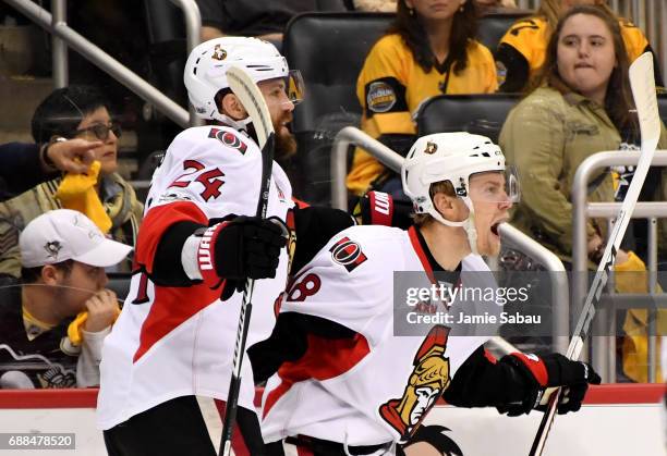 Ryan Dzingel of the Ottawa Senators celebrates after scoring a goal against Matt Murray of the Pittsburgh Penguins during the third period in Game...