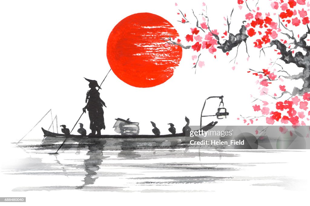 Japan Traditional Japanese Painting Sumie Art Japan Traditional Japanese  Painting Sumie Art Man With Boat Sakura High-Res Vector Graphic - Getty  Images