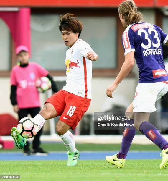 Takumi Minamino of Salzburg plays during the second half of the team's 3-2 win away to Austria Vienna in the Austrian Bundesliga on May 25, 2017....