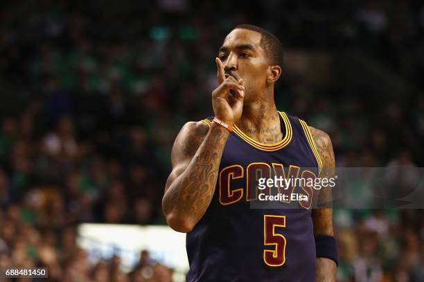 Smith of the Cleveland Cavaliers gestures in the second half against the Boston Celtics during Game Five of the 2017 NBA Eastern Conference Finals at...