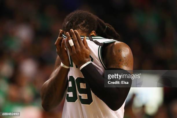 Jae Crowder of the Boston Celtics wipes his face in the second half against the Cleveland Cavaliers during Game Five of the 2017 NBA Eastern...