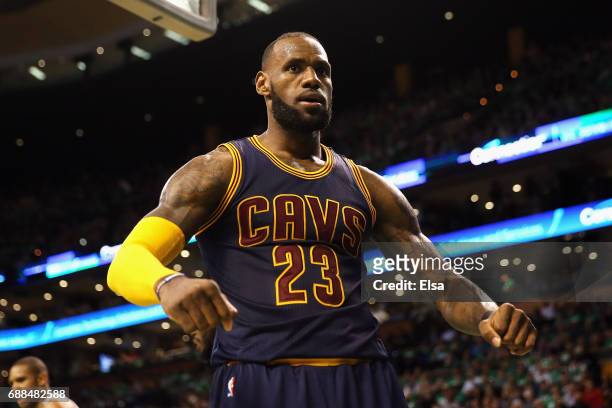 LeBron James of the Cleveland Cavaliers celebrates his dunk in the third quarter against the Boston Celtics during Game Five of the 2017 NBA Eastern...