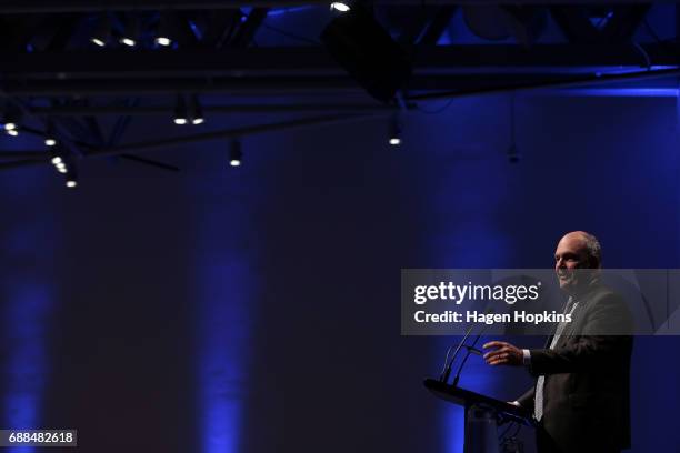 Finance Minister Steven Joyce delivers his post budget address at Te Papa Museum on May 26, 2017 in Wellington, New Zealand. Joyce delivered his...