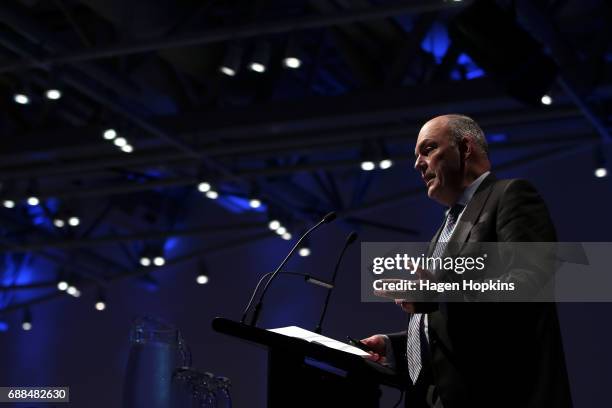 Finance Minister Steven Joyce delivers his post budget address at Te Papa Museum on May 26, 2017 in Wellington, New Zealand. Joyce delivered his...