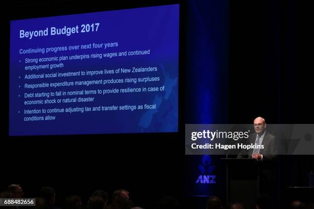 Finance Minister Steven Joyce delivers his post budget address at Te Papa Museum on May 26, 2017 in Wellington, New Zealand. Joyce delivered his...
