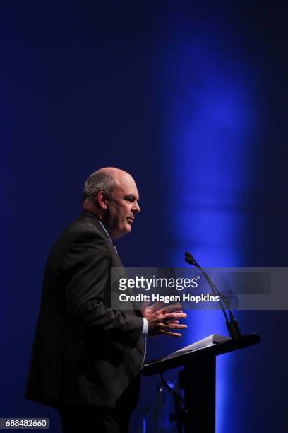 Finance Minister Steven Joyce delivers his post budget address at Te Papa Museum on May 26, 2017 in Wellington, New Zealand. Joyce delivered his...
