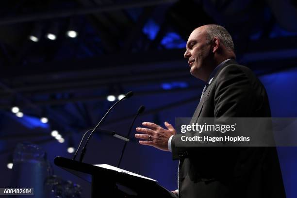 Finance Minister Steven Joyce delivers his post budget address at Te Papa Museum on May 26, 2017 in Wellington, New Zealand. Joyce delivered his...