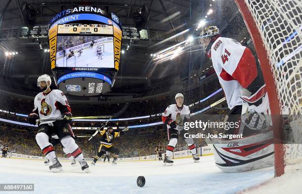 Craig Anderson of the Ottawa Senators reacts after giving up a goal to Chris Kunitz of the Pittsburgh Penguins in the second period during Game Seven...