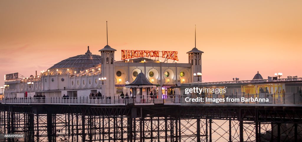 Brighton Pier as the winter sun starts to set, East Sussex, UK