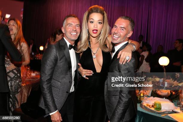Fashion Designer Dean and Dan Caten, desquared, and Rita Ora attend the amfAR Gala Cannes 2017 at Hotel du Cap-Eden-Roc on May 25, 2017 in Cap...