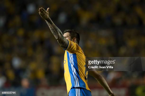 Andre Gignac of Tigres celebreates after scoring his team's second goal during the Final first leg match between Tigres UANL and Chivas as part of...