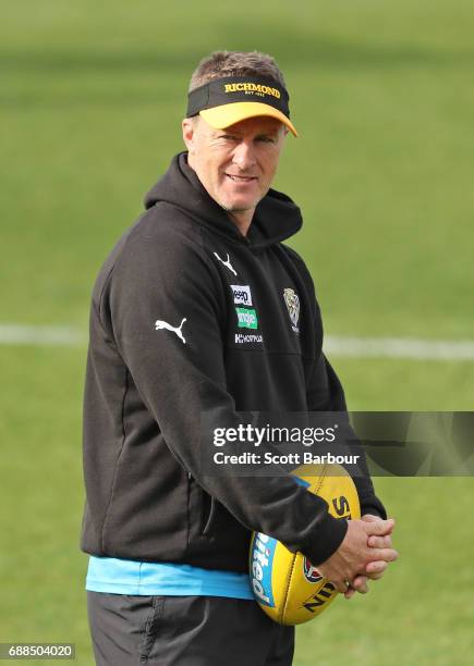 Damien Hardwick, coach of the Tigers looks on during a Richmond Tigers AFL Media Opportunity and Training Session at Punt Road Oval on May 26, 2017...