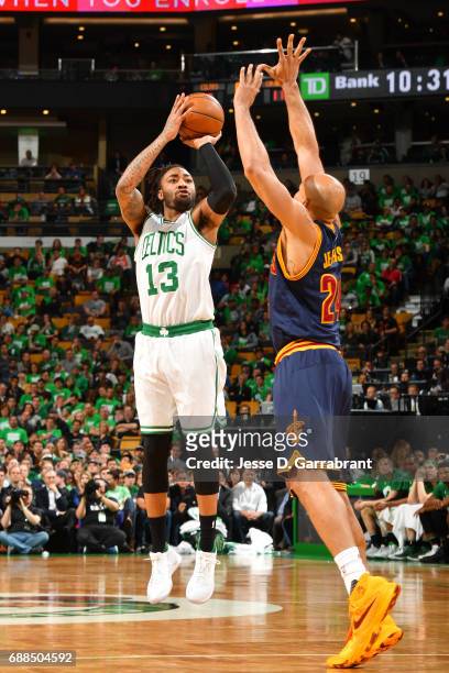 James Young of the Boston Celtics shoots the ball during the game against the Cleveland Cavaliers during Game Five of the Eastern Conference Finals...