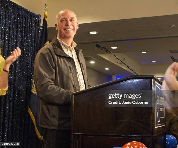 Republican Greg Gianforte speaks to supporters after being declared the winner at a election night party for Montana's special House election against...