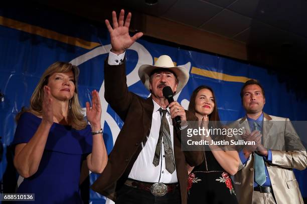 Democratic U.S. Congresstional candidate Rob Quist delivers his concession speech to supporters alongside his wife Bonni Quist daughter Halladay...