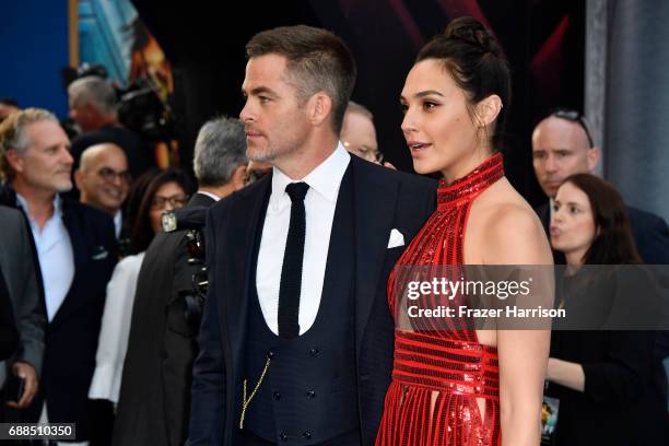 Actress Gal Gadot and Chris Pine arrive at the Premiere Of Warner Bros. Pictures' "Wonder Woman" at the Pantages Theatre on May 25, 2017 in...
