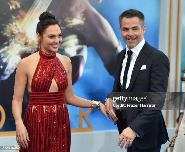 Actress Gal Gadot and Chris Pine arrive at the Premiere Of Warner Bros. Pictures' "Wonder Woman" at the Pantages Theatre on May 25, 2017 in...