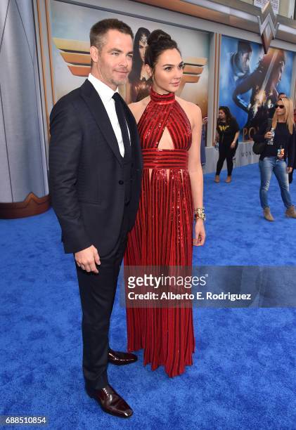 Actors Chris Pine and Gal Gadot attend the premiere of Warner Bros. Pictures' "Wonder Woman" at the Pantages Theatre on May 25, 2017 in Hollywood,...