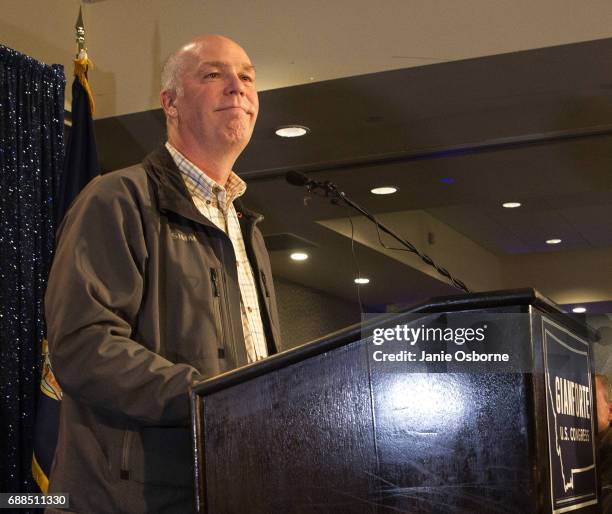 Republican Greg Gianforte speaks to supporters after being declared the winner at a election night party for Montana's special House election against...