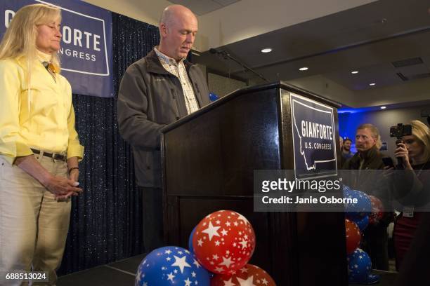 Republican Greg Gianforte speaks to supporters after being declared the winner at a election night party for Montana's special House election against...