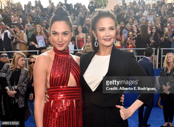 Actors Gal Gadot and Lynda Carter attend the premiere of Warner Bros. Pictures' "Wonder Woman" at the Pantages Theatre on May 25, 2017 in Hollywood,...
