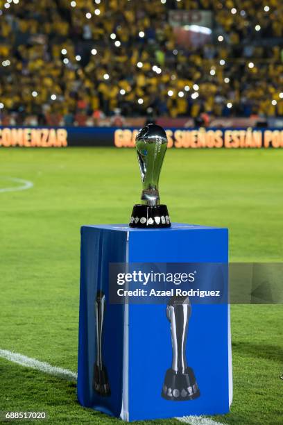 The Liga MX trophy is seen in the field prior the Final first leg match between Tigres UANL and Chivas as part of the Torneo Clausura 2017 Liga MX at...