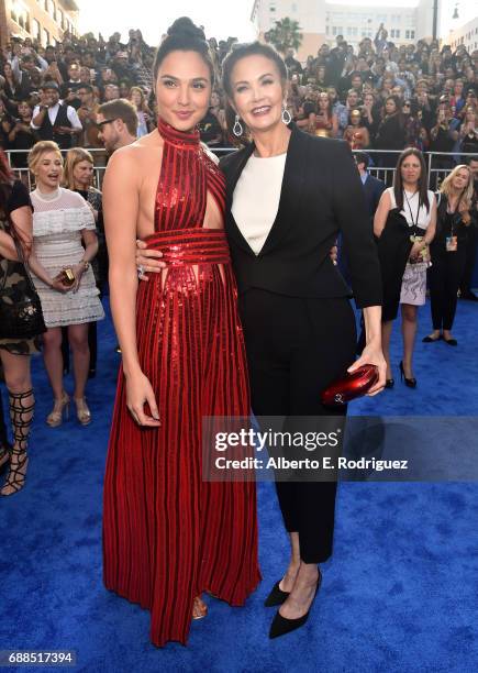 Actors Gal Gadot and Lynda Carter attend the premiere of Warner Bros. Pictures' "Wonder Woman" at the Pantages Theatre on May 25, 2017 in Hollywood,...