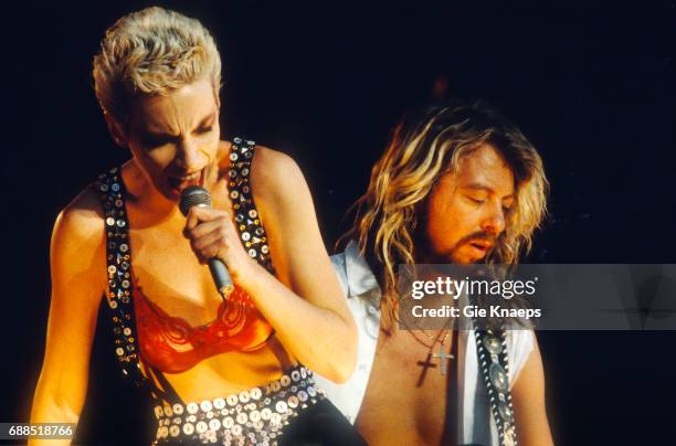 Eurythmics, Annie Lennox with red bra, Dave Stewart, Torhout-Werchter Festival, Werchter, , Belgium.