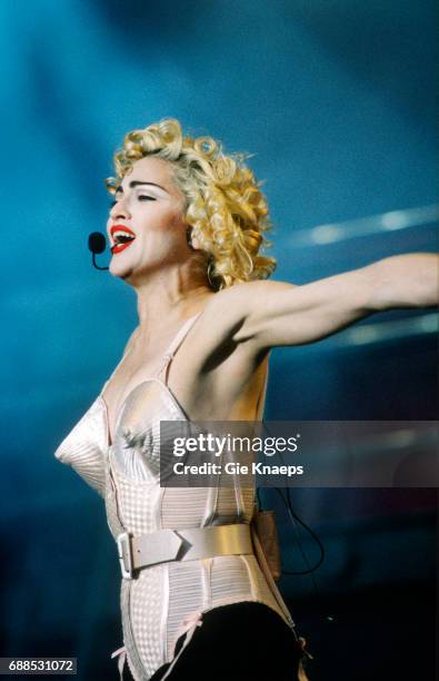 Blonde Ambition Tour, Madonna, Feyenoord Stadion, De Kuip, Rotterdam, Holland, . She is wearing a Jean Paul Gaultier conical bra corset.