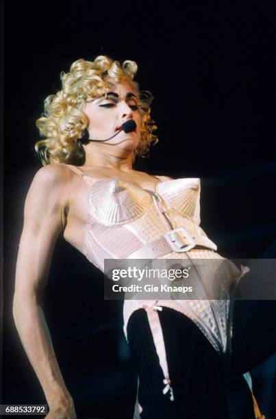 Blonde Ambition Tour, Madonna, Feyenoord Stadion, De Kuip, Rotterdam, Holland, . She is wearing a Jean Paul Gaultier conical bra corset.