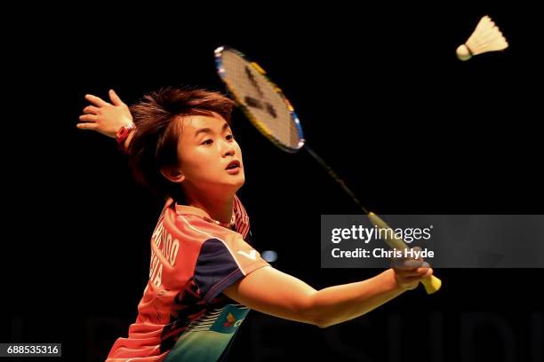 Vivian Hoo of Malaysia competes in her Quarter Final match partnered with Woon Khe Wei against Misaki Matsutomo and Ayaka Takahashi of Japan during...