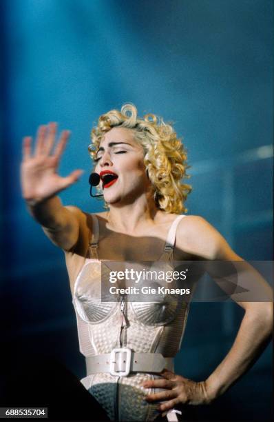 Blonde Ambition Tour, Madonna, Feyenoord Stadion, De Kuip, Rotterdam, Holland, . She is wearing a Jean Paul Gaultier conical bra corset.