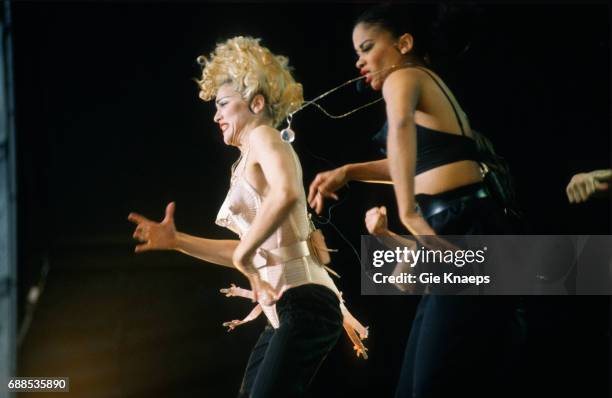 Blonde Ambition Tour, Madonna, Feyenoord Stadion, De Kuip, Rotterdam, Holland, . She is wearing a Jean Paul Gaultier conical bra corset.