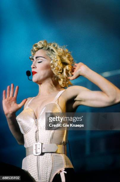 Blonde Ambition Tour, Madonna, Feyenoord Stadion, De Kuip, Rotterdam, Holland, . She is wearing a Jean Paul Gaultier conical bra corset.